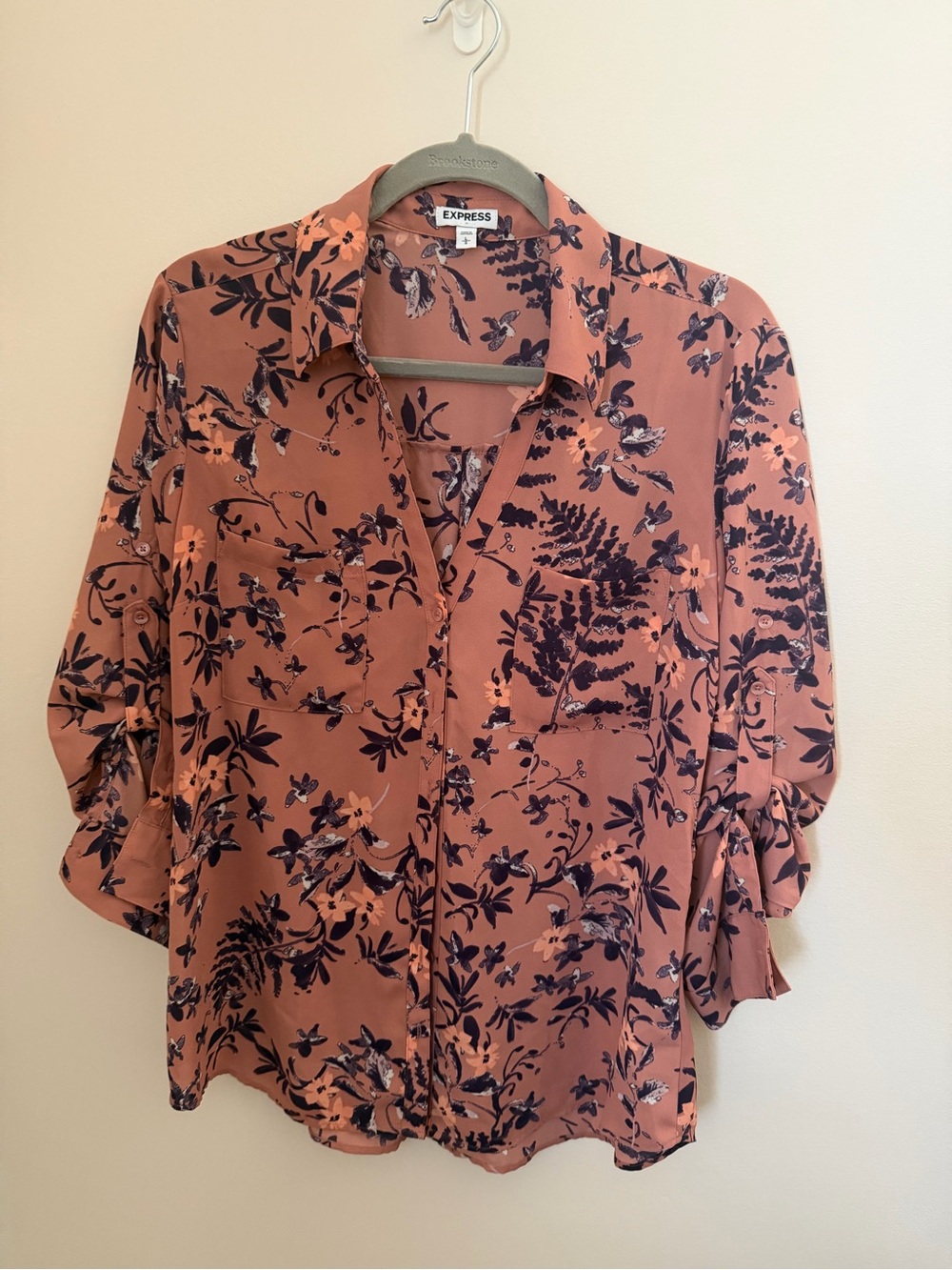 Express Rust Floral Button-Down Blouse with Navy Print